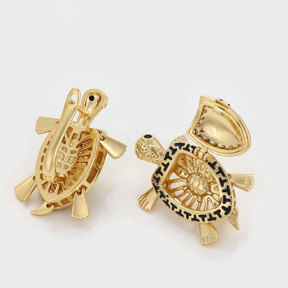 Locket Turtle Earrings 14k Gold Plated CZ Stone - Picture 2 of 11